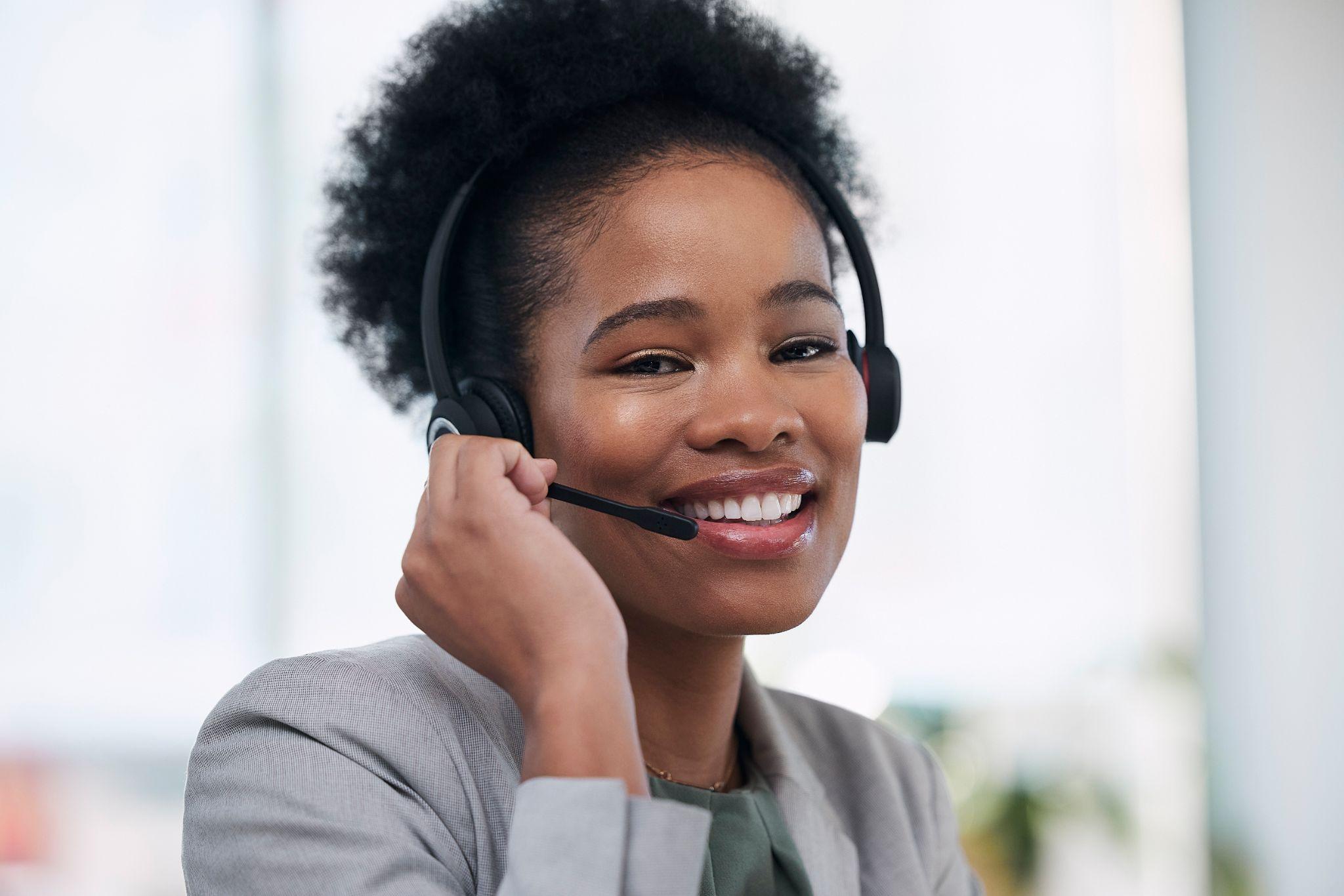 Call center and portrait smile for telemarketing, customer service or support at the office. 