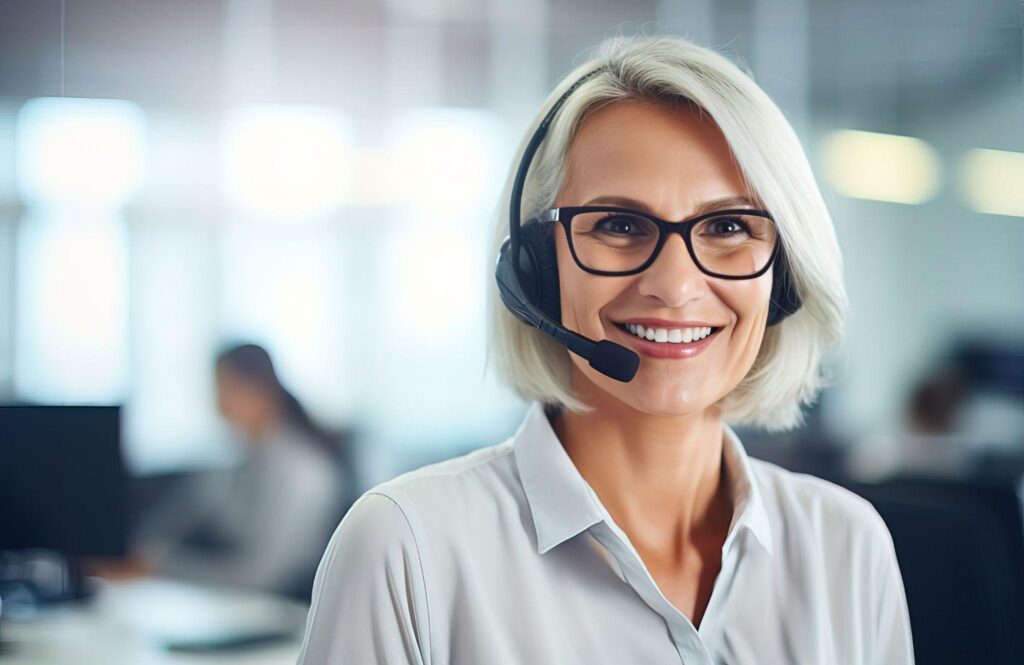 Female call center agent in headset. 