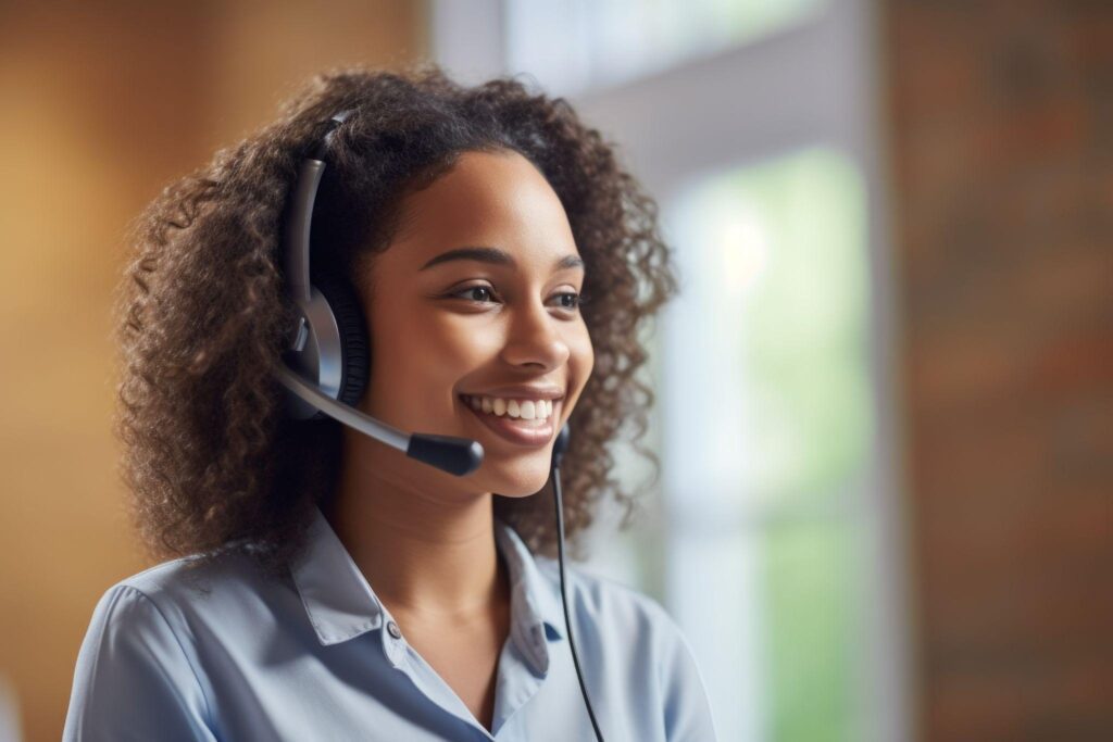 Friendly and cheerful girl working at a call center with headphones on.