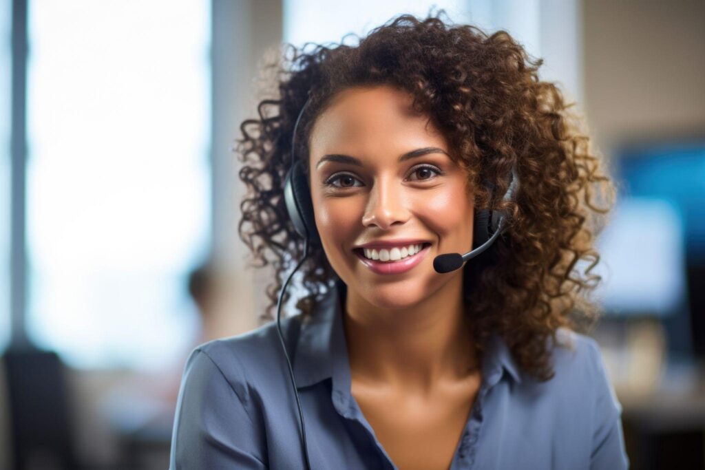 Young woman working as a call center operator, wearing headset.