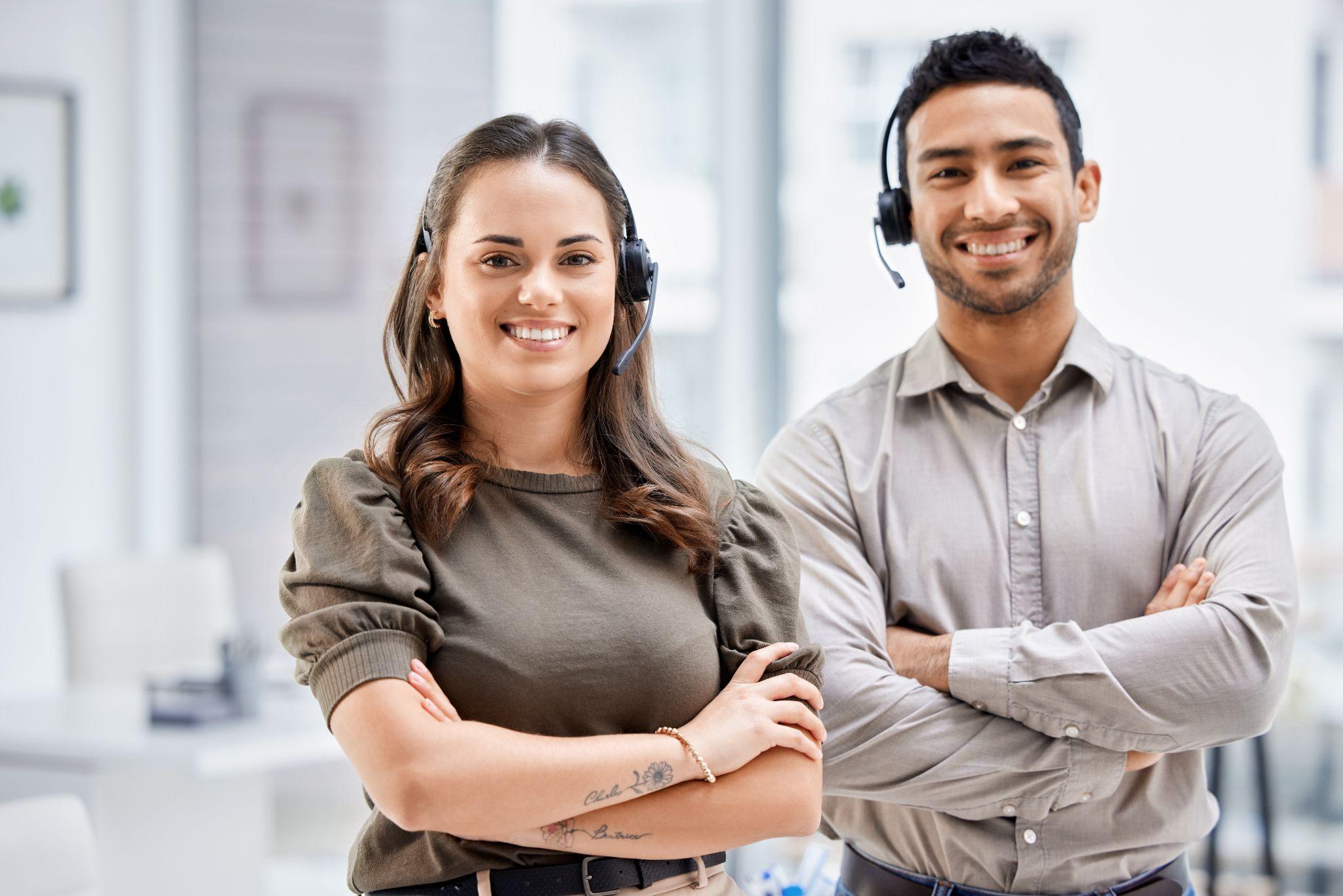Call center, portrait or happy team with arms crossed, support or smile in telemarketing together. 
