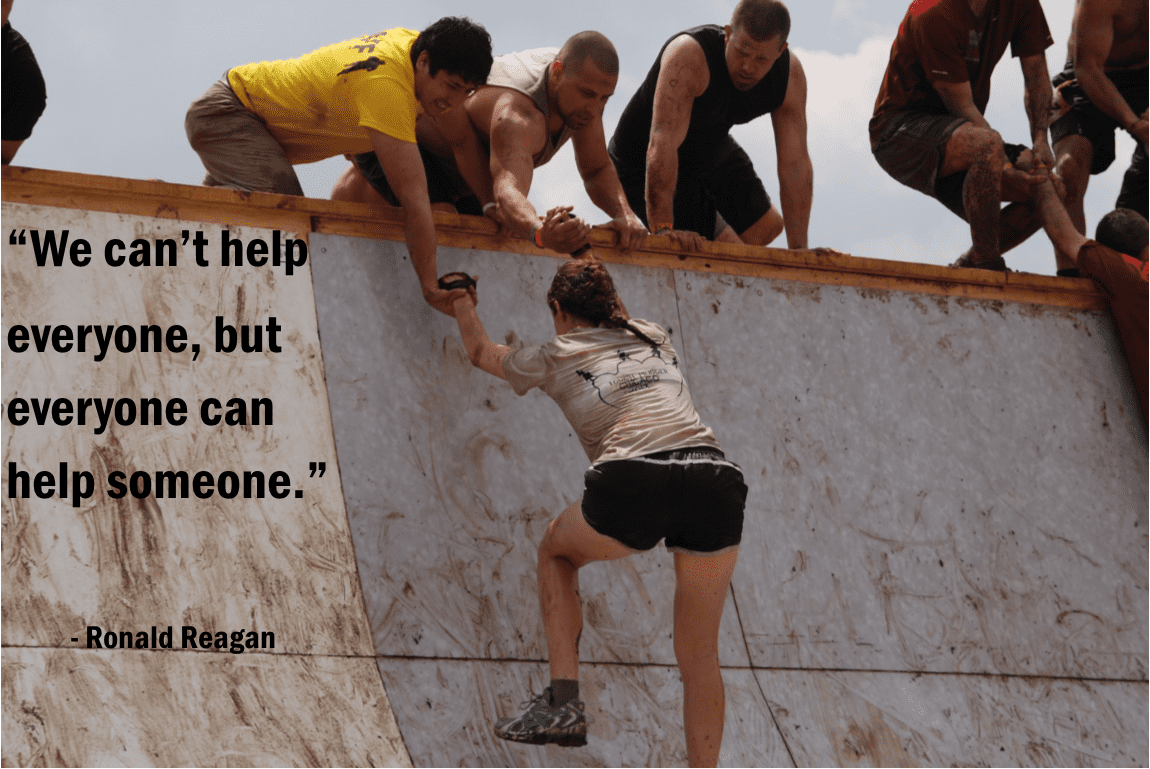 Image of a group helping their teammate up a wall with a quote from Reagan