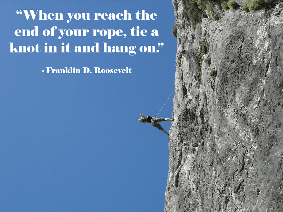 Image of a rock climber and an FDR quote