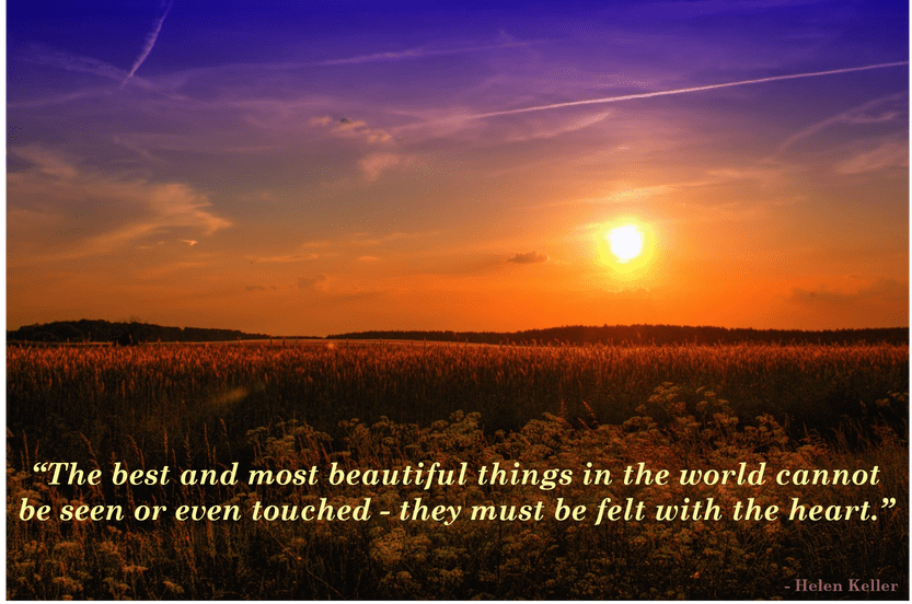 Image of a sunrise over a field with a quote from Helen Keller