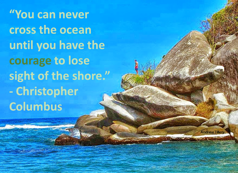 Image of rocks and the ocean with a quote from Columbus