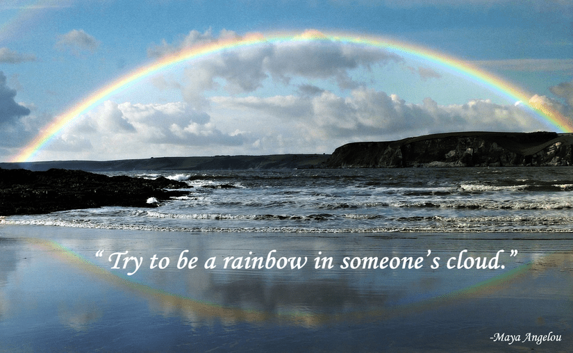 Image of a rainbow over water with a Maya Angelou quote