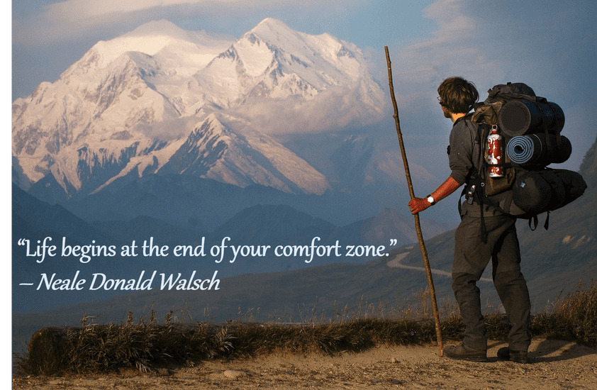 Image of a hiker and mountains with a Walsch quote