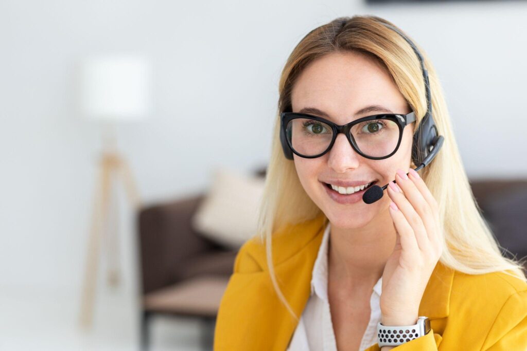 Virtual receptionist in yellow blazer.