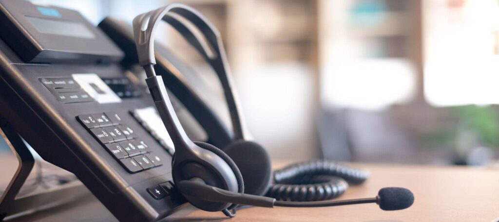 Communication support, call center and customer service help desk. VOIP headset for customer service support.