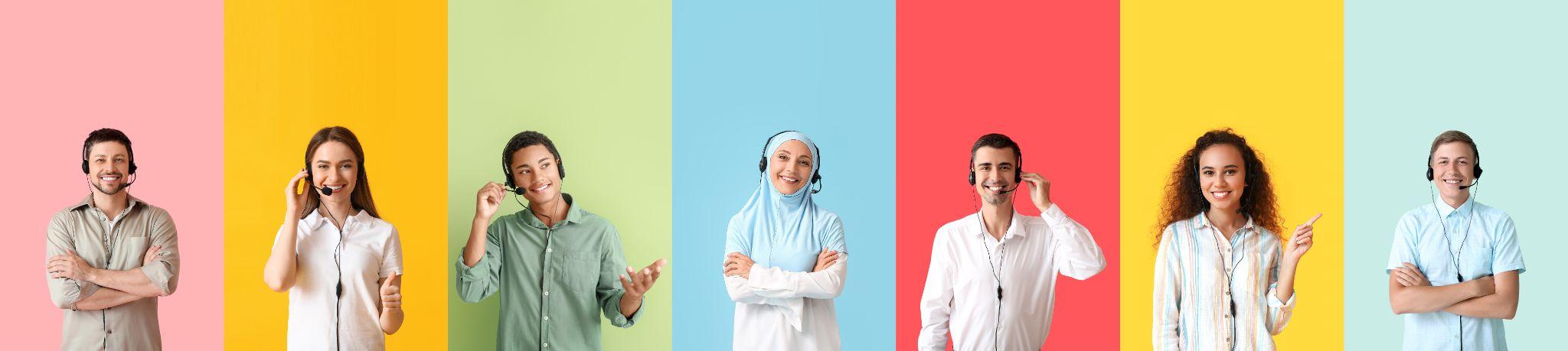 Technical support agents on color background wearing head sets. 