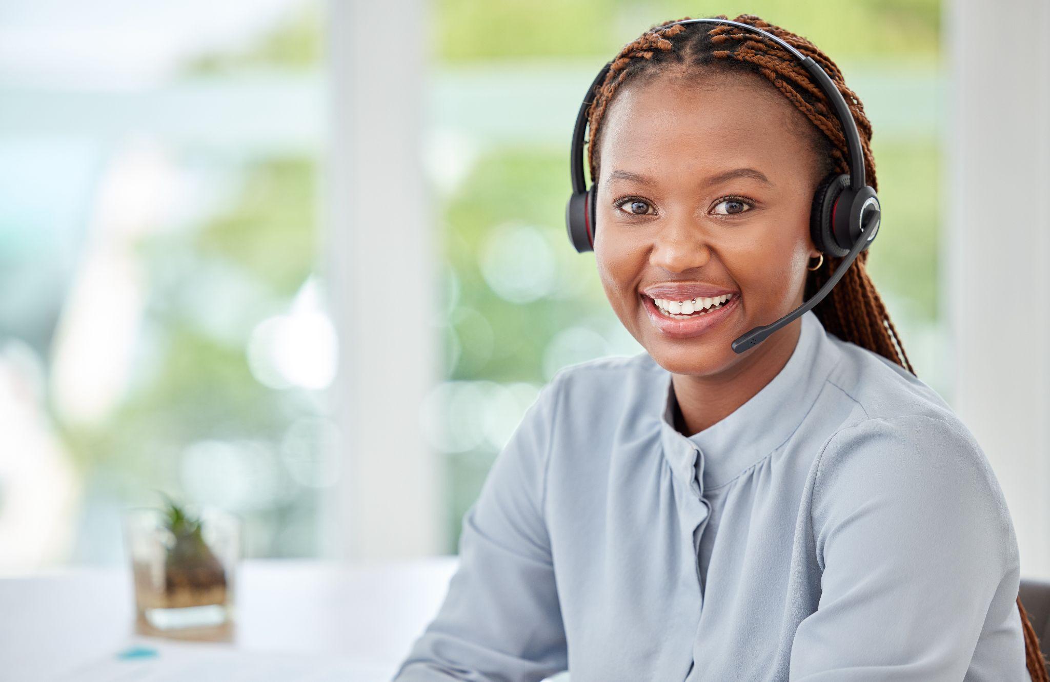 Call center agent with a headset.