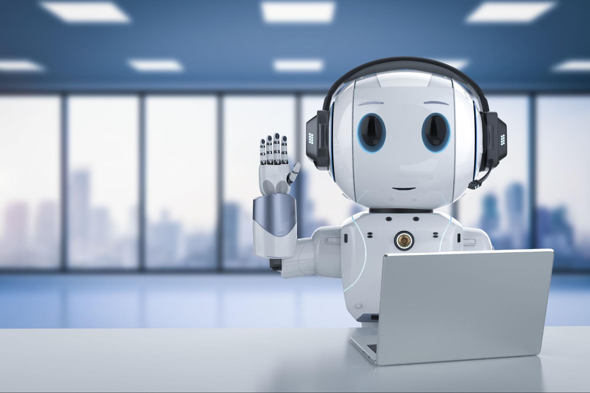Cute artificial intelligence robot with notebook.